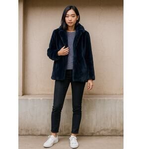 Banana Republic Faux Fur Coat Navy Blue Size XS Statement Chic Teddy Lux Jacket